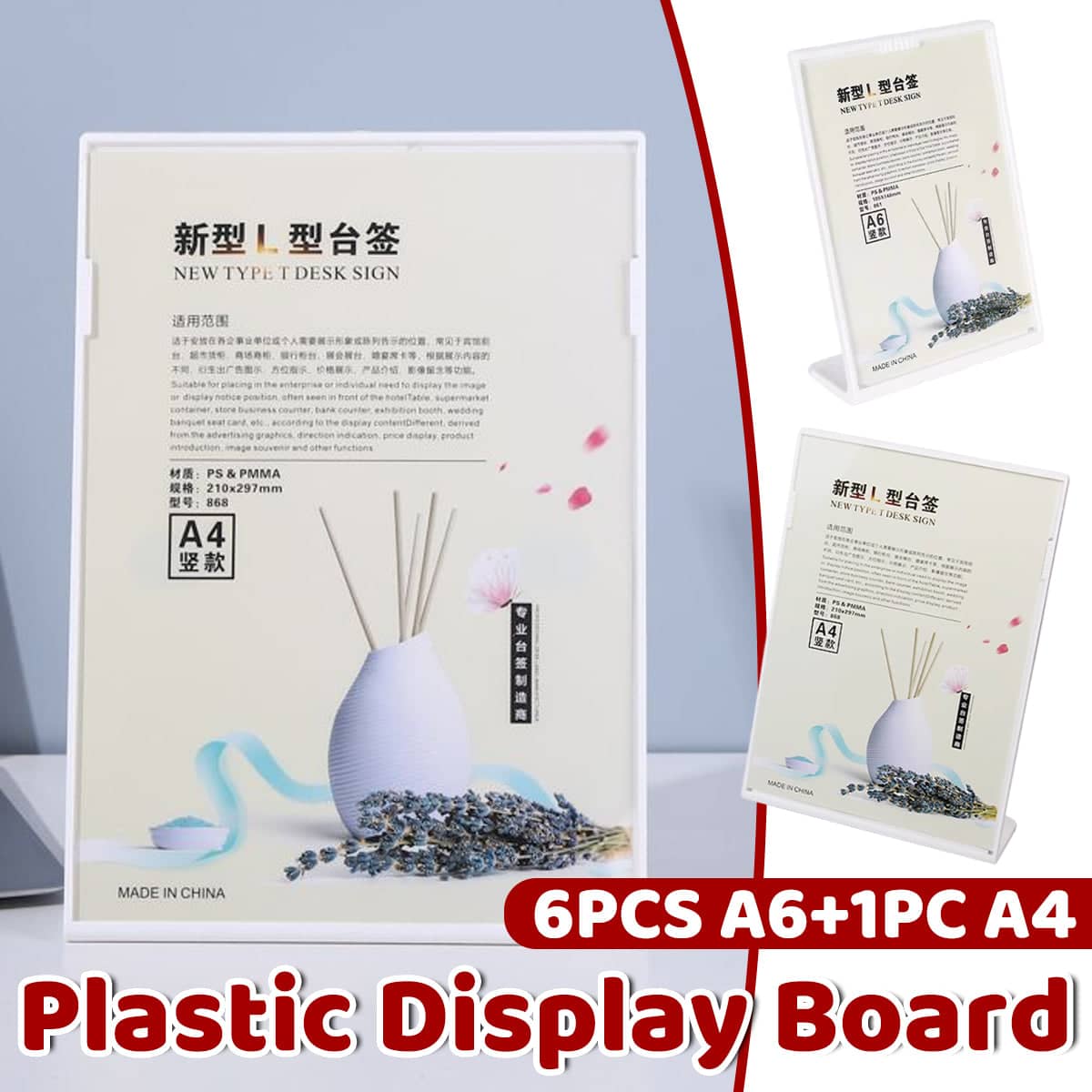7-Piece L-Shaped Table Sign Holder Set, White Plastic Display Board