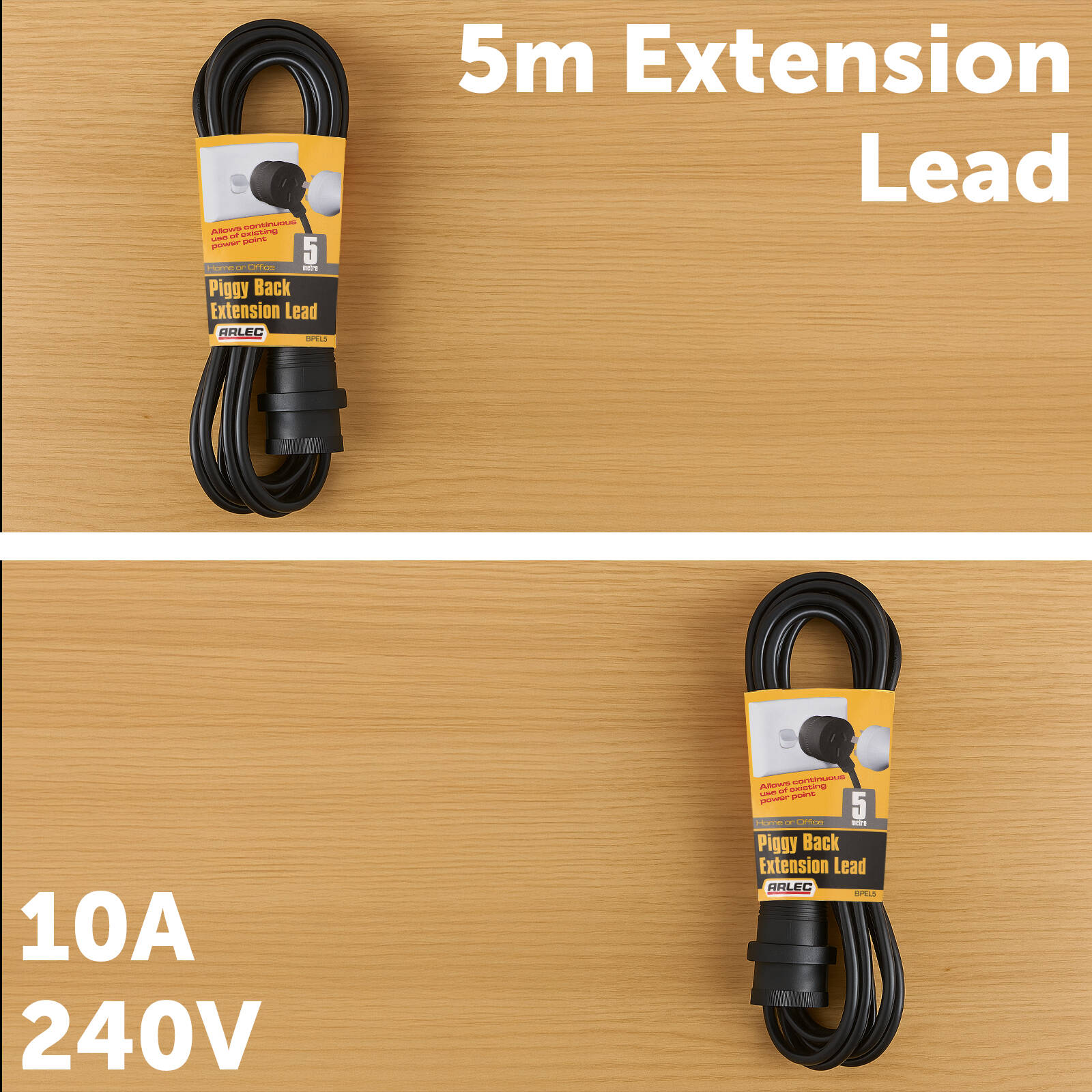 Arlec 5m Piggyback Extension Lead, 10A 2400W, Double Outlet, Indoor/Outdoor, Black