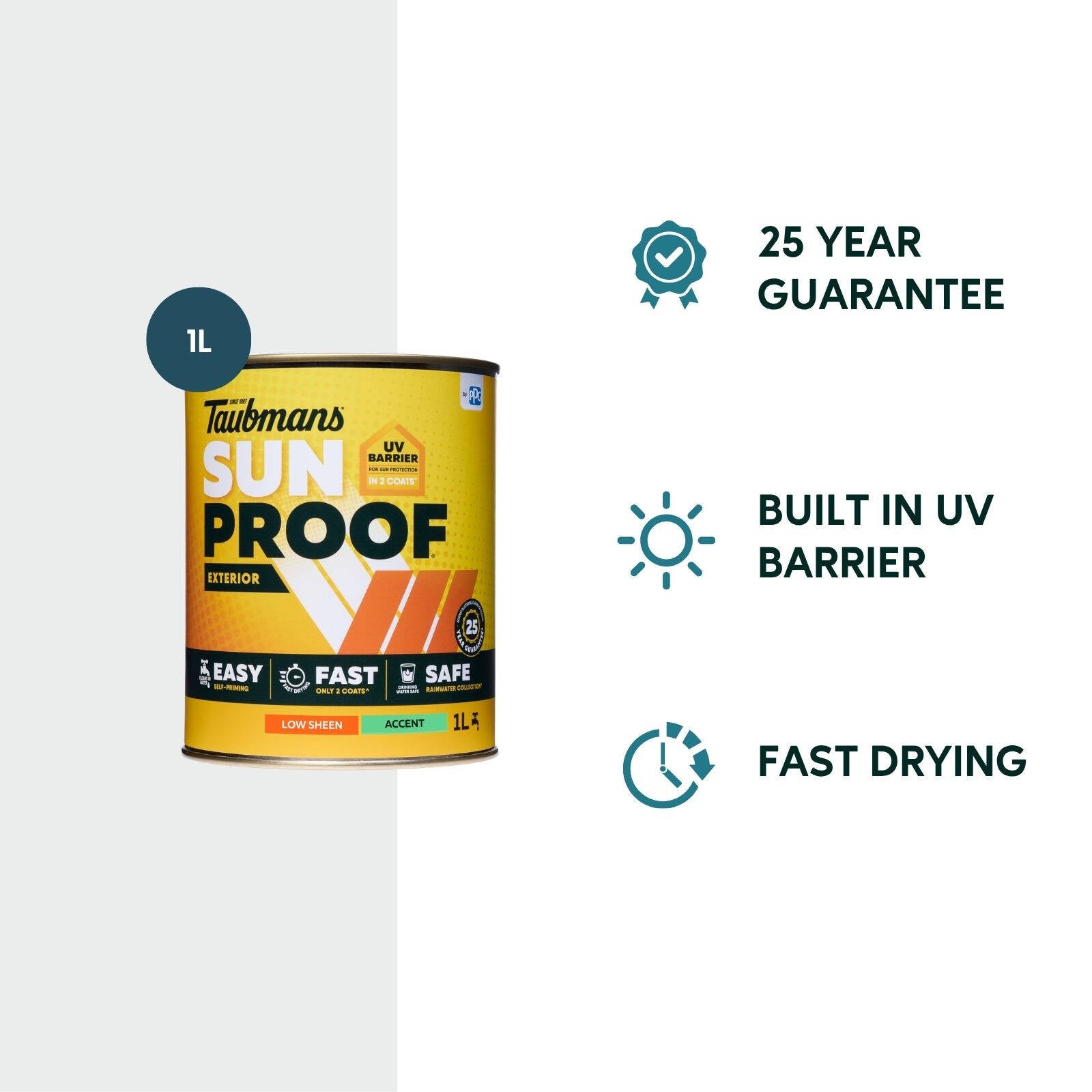 Taubmans Sunproof 1L Accent Low Sheen Exterior Paint - UV Resistant, 16m2/L, Tintable