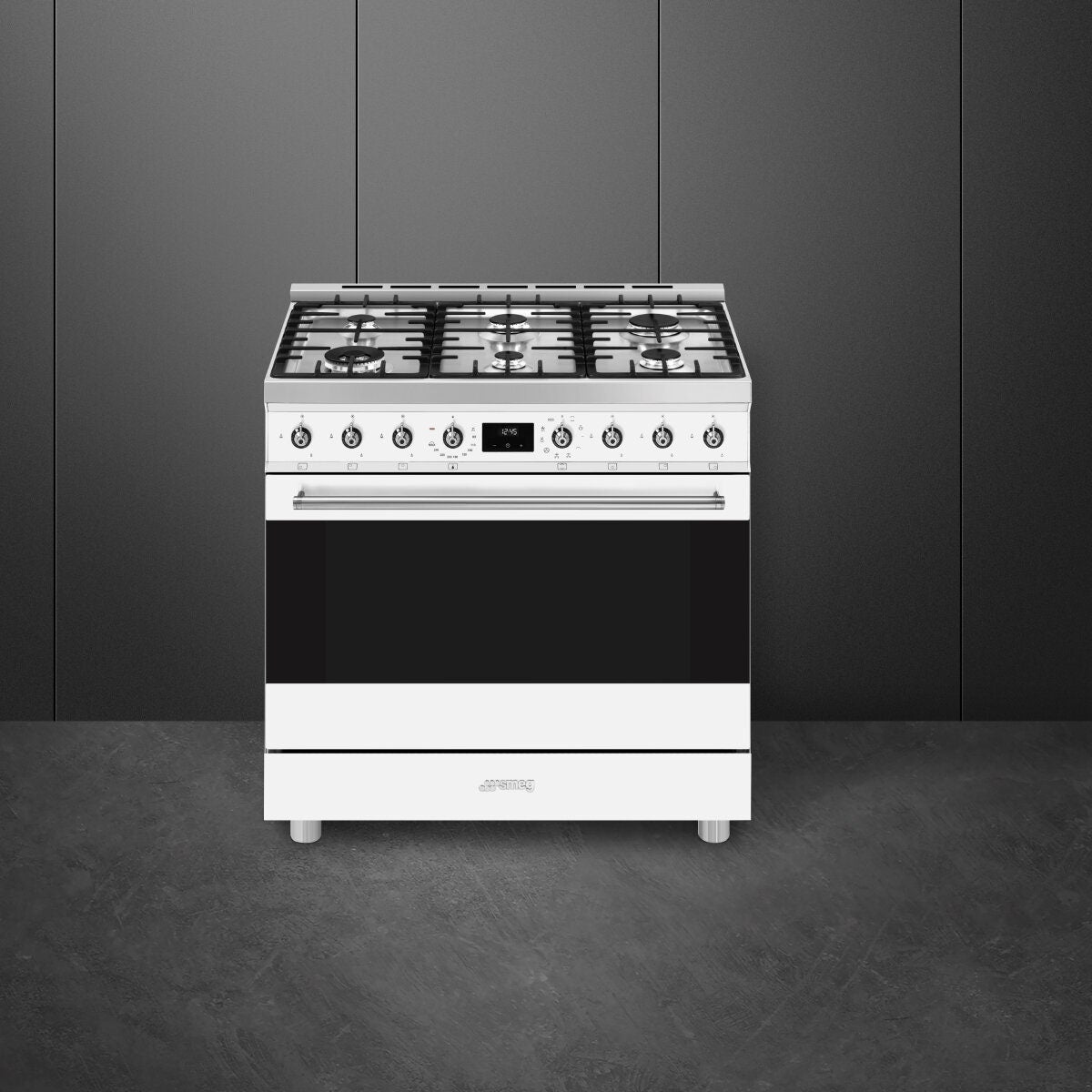 Smeg 90cm Classic Dual Fuel Freestanding Oven - White, Six Burners, 126L Capacity - CS9GMWHA2