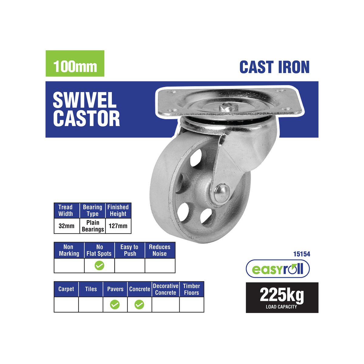 Easyroll Castor - 100mm - Cast Iron - High Load Capacity - SuperSaverAU - view 3