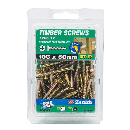 Zenith Timber Screws - 10g x 50mm - Gold Passivated - 50 Pack