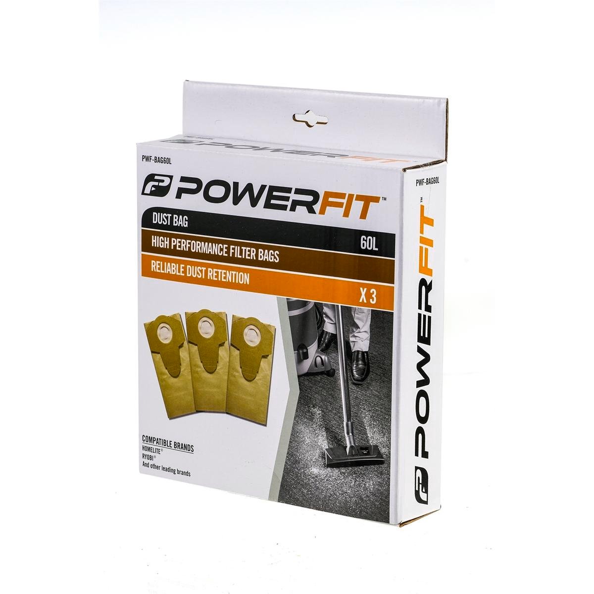 Powerfit 60L Dust Bag 3 Pack - Paper - Easy To Carry - Disposable - SuperSaverAU - view 1