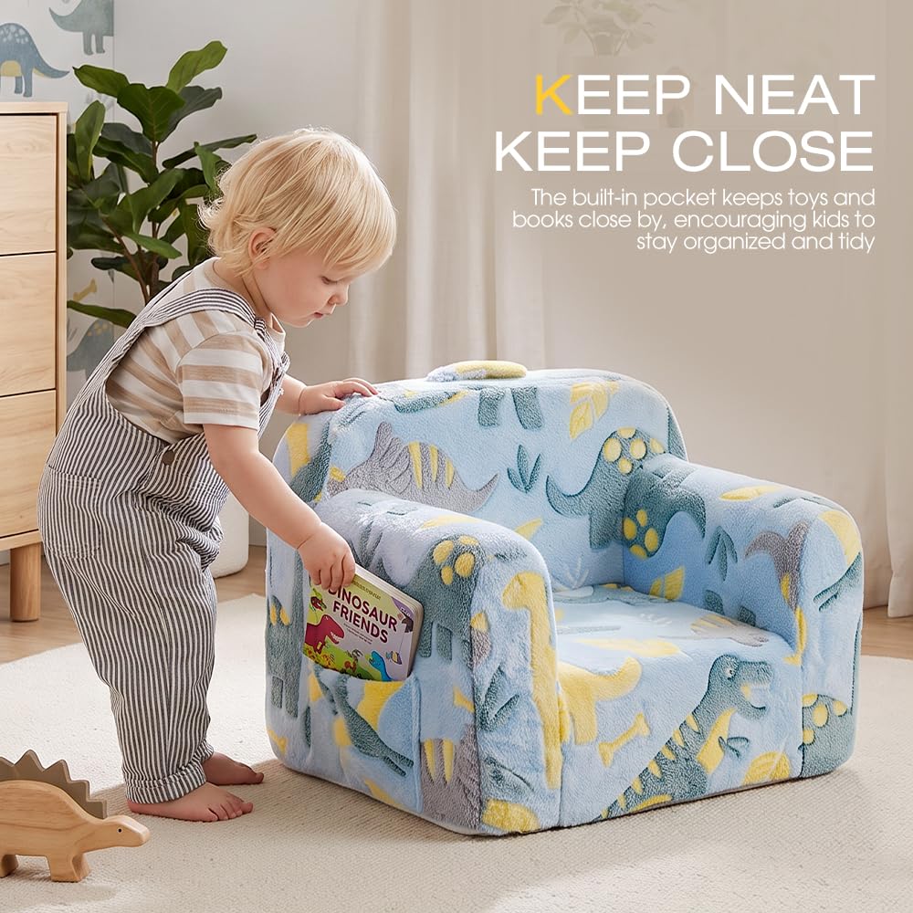 Kids Foam Sofa Chair - Blue Dinosaur Print - Carry Handle, Zip-Off Washable Cover, 62.5cm Wide