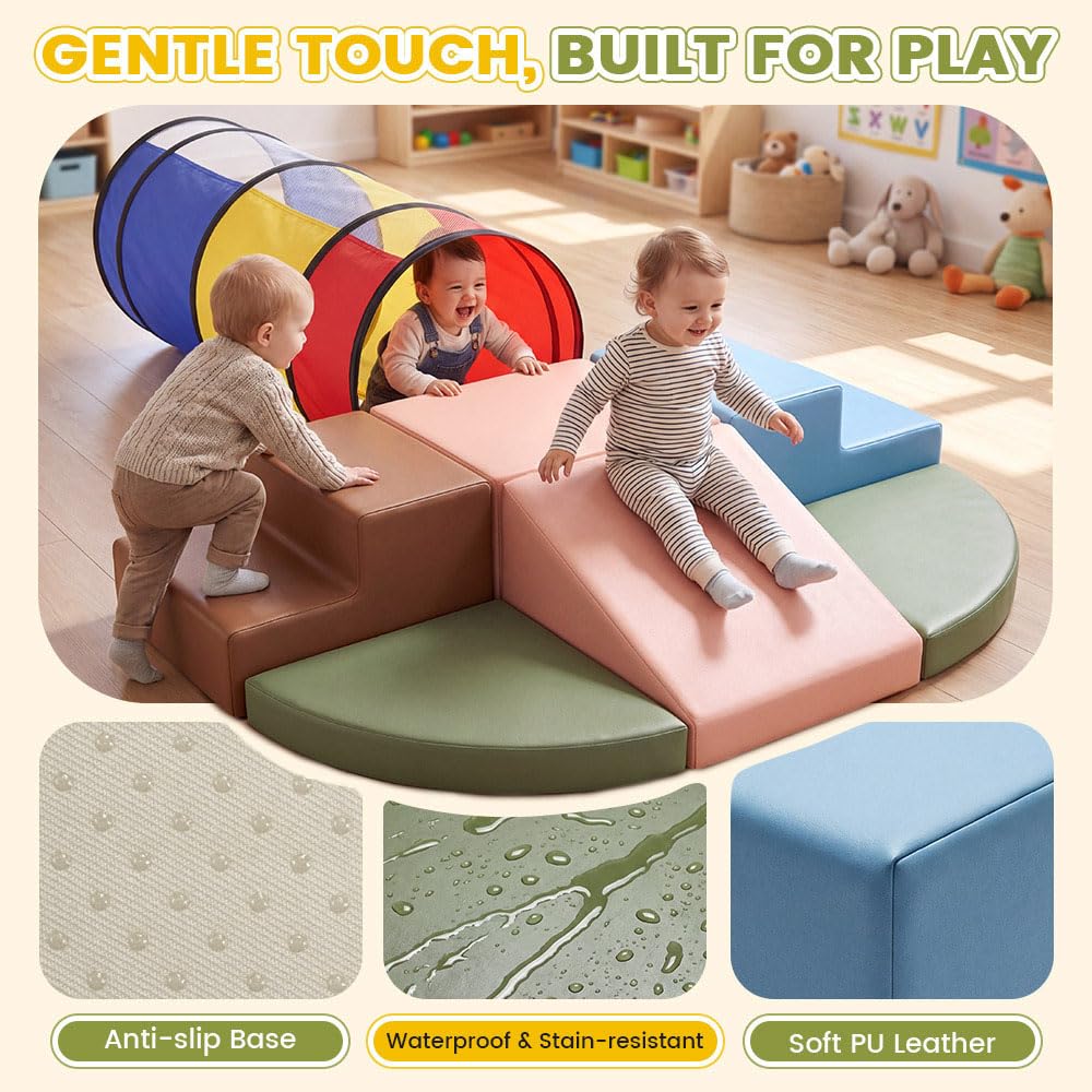 Soft Play Set 7 Piece - Morandi - Crawl Tunnel, PU Leather Foam Blocks, Non-Slip Base