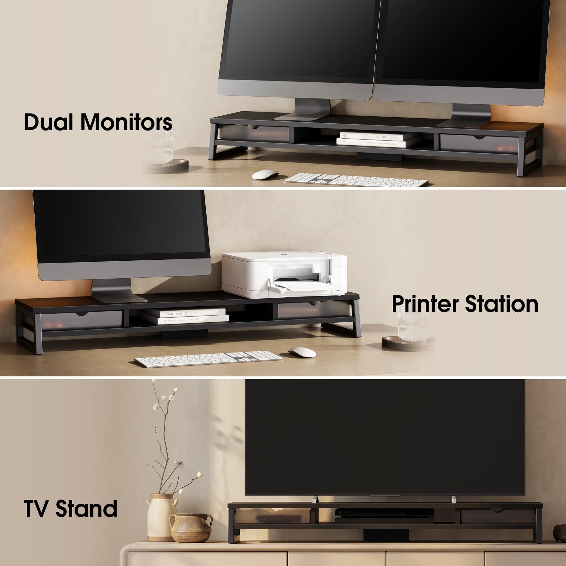Dual Monitor Stand with Drawers 42.5 Inch - Black - 2 Tier Wooden Desk Riser, 3 Compartments, 2 Frosted Acrylic Drawers