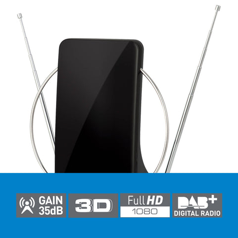 Antsig Digital Indoor Amplified Antenna - 35dB Gain, Telescopic VHF/UHF, Black AP547