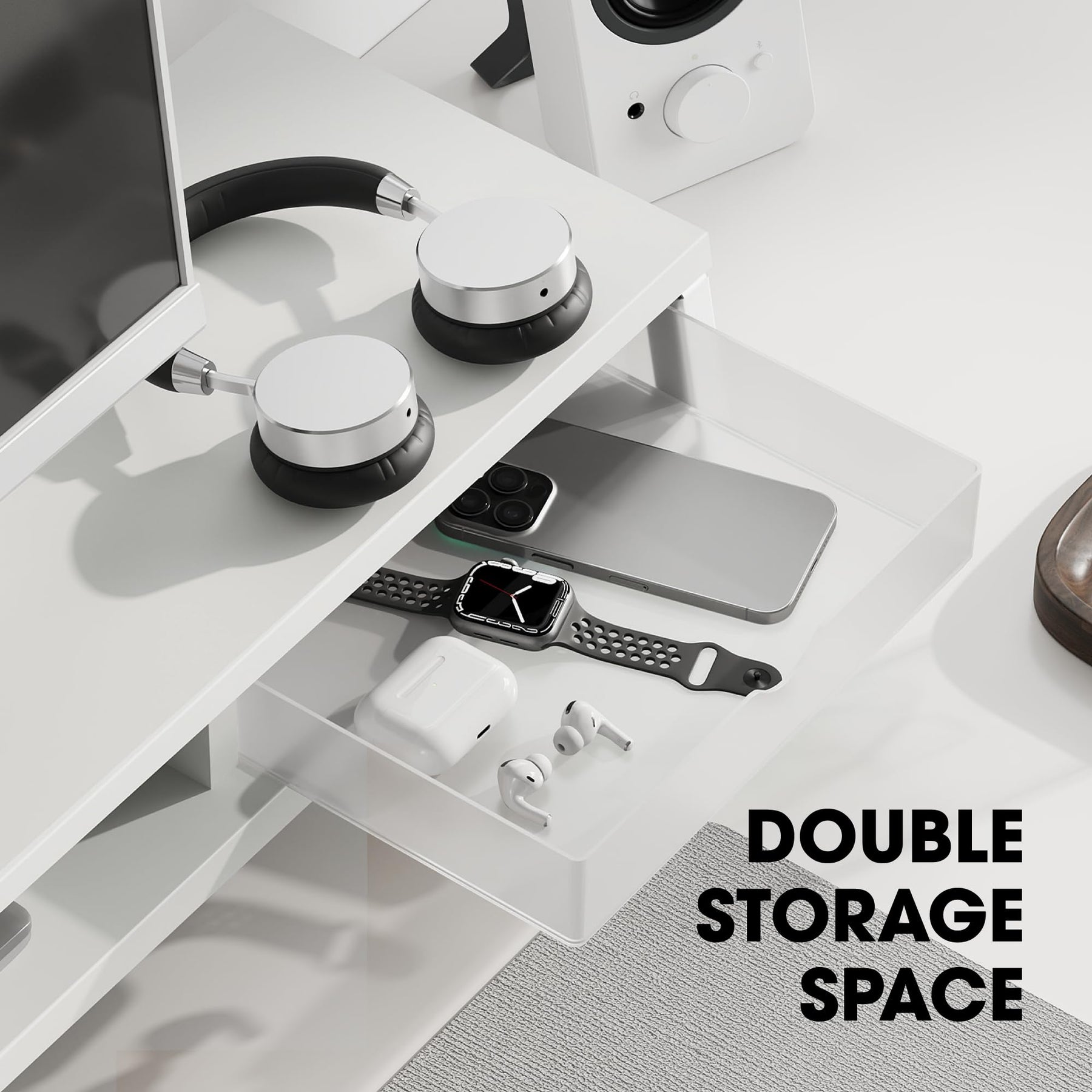 Dual Monitor Stand with Drawers 42.5 Inch - White - 2 Tier Wooden Desk Riser, 3 Compartments, 2 Frosted Acrylic Drawers