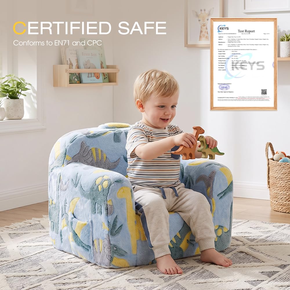 Kids Foam Sofa Chair - Blue Dinosaur Print - Carry Handle, Zip-Off Washable Cover, 62.5cm Wide