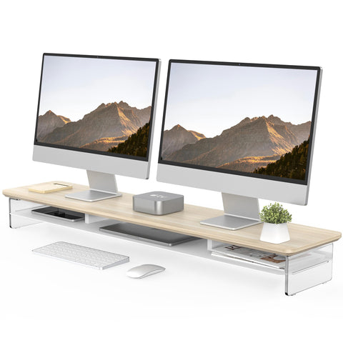Acrylic Dual Monitor Riser 42.5 Inch - Oak - 2 Tier Desk Shelf, 18mm Board with Steel Core