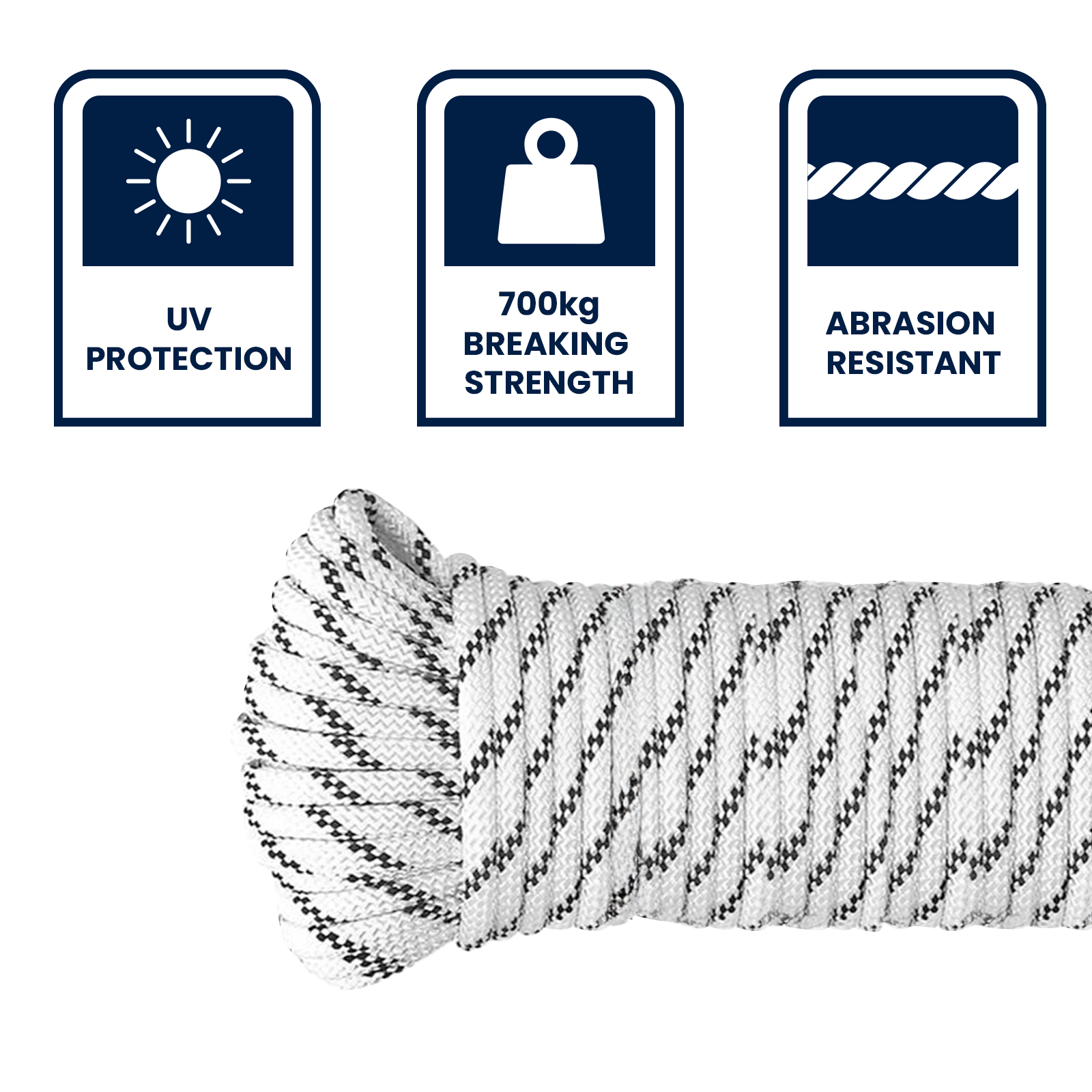Grunt 6mm x 30m High Strength Rope, White with Black Trace, Polyester, 700kg Break Strength
