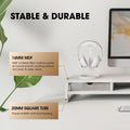 Dual Monitor Stand with Drawers 42.5 Inch - White - 2 Tier Wooden Desk Riser, 3 Compartments, 2 Frosted Acrylic Drawers