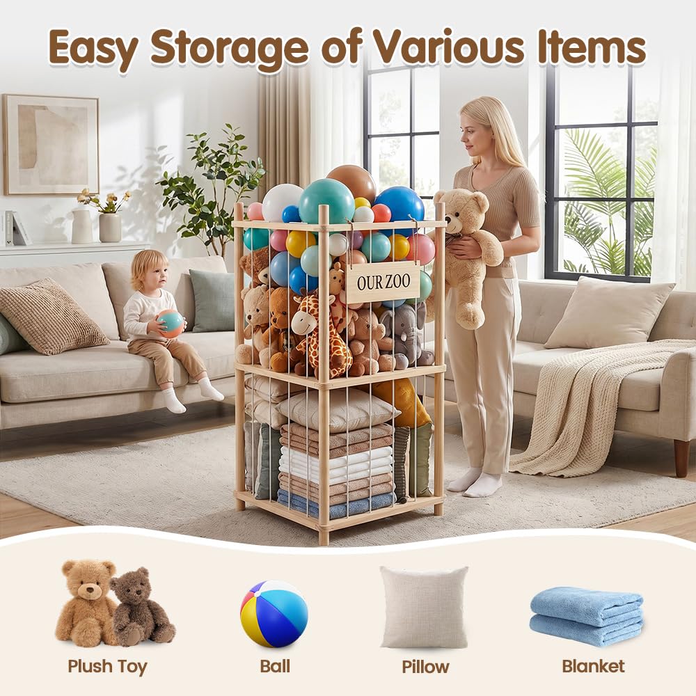 Soft Toy Storage Tower 2-Tier - Natural Wood 94.5cm - Holds 30+ Plush Toys, Elastic Bar Shelves