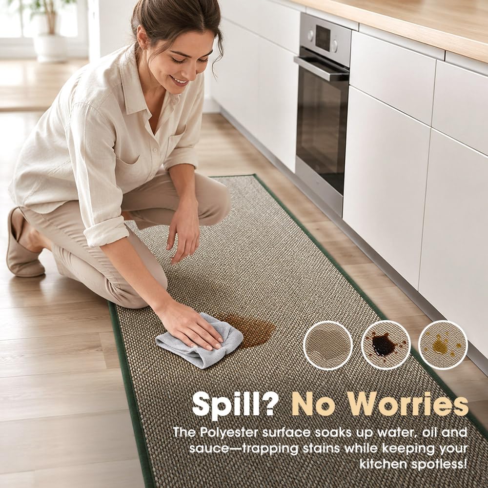 Kitchen Rug and Mat Set 2 Piece - Green - 45 x 150cm and 45 x 75cm, Anti Slip Rubber Backing, Polyester, 3.4mm