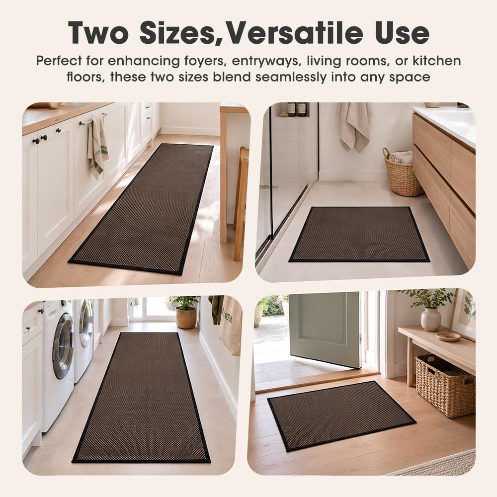 Kitchen Rug and Mat Set 2 Piece - Black - 45 x 150cm and 45 x 75cm, Anti Slip Backing, 3.4mm Thick, Washable