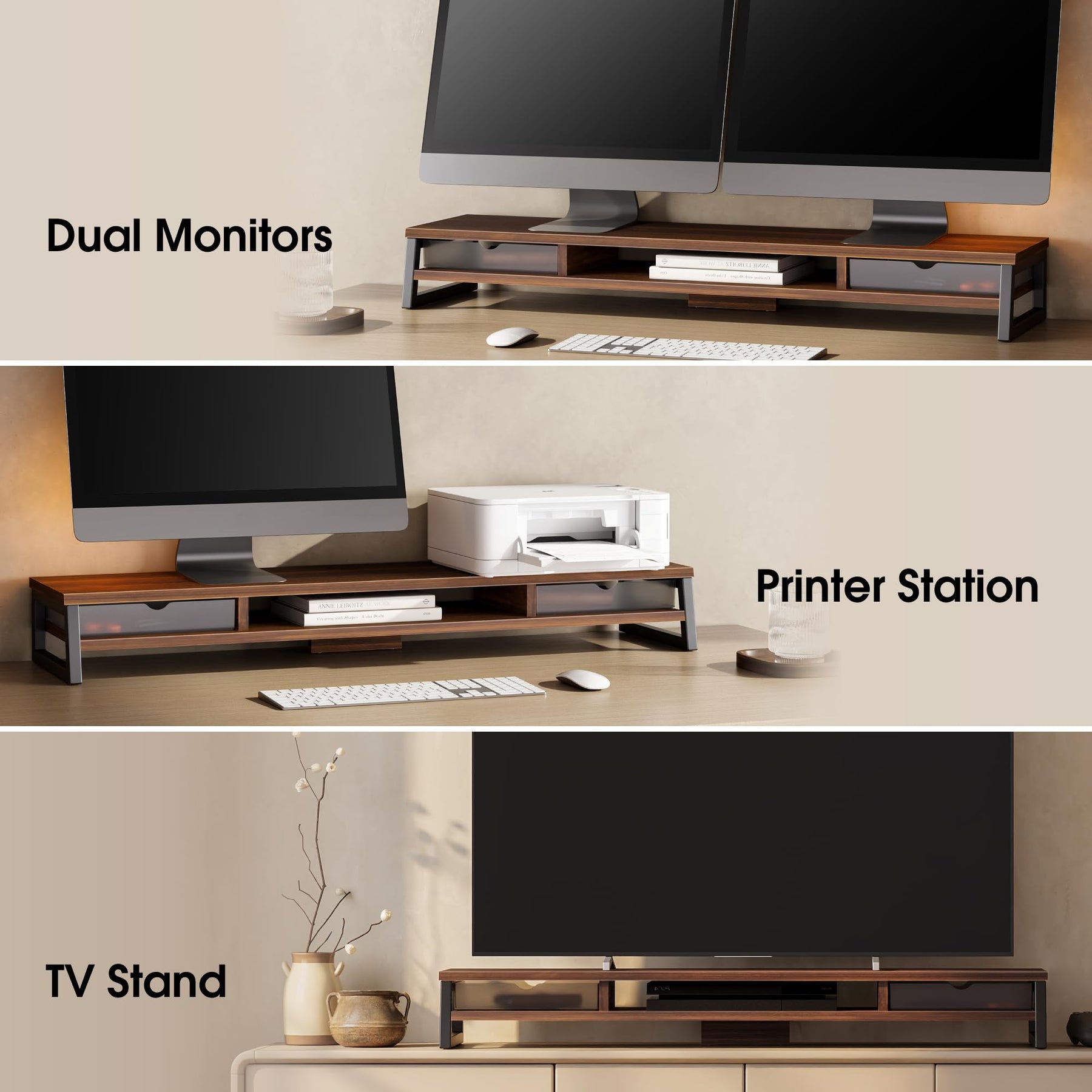 Dual Monitor Stand with Drawers 42.5 Inch - Brown - 2 Tier Wooden Desk Riser, 3 Compartments, 2 Frosted Acrylic Drawers