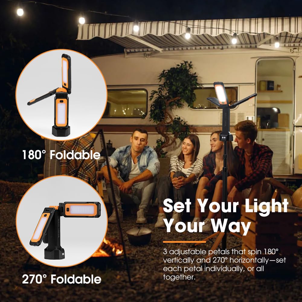 Telescopic Camping Light with Tripod - 1500 Lumens - Extends 98.5 to 220cm, 3 Adjustable Panels, IPX4, USB-C Rechargeabl