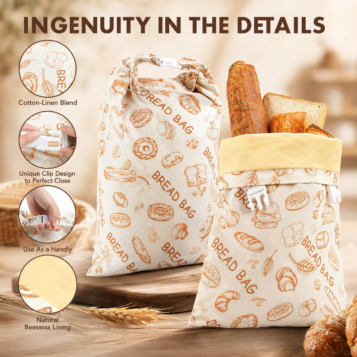 Beeswax Linen Bread Bag - Reusable, Freezer Friendly