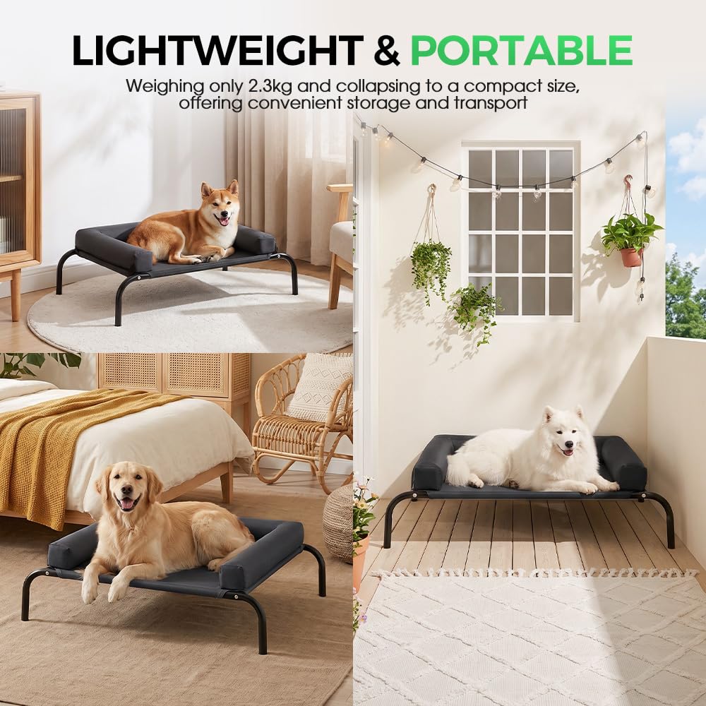 Cooling Elevated Dog Bed with Bolster - Black, XL 123 x 90 x 20cm - Textilene Mesh, Steel Frame, Holds 60kg