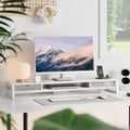 Dual Monitor Stand with Drawers 42.5 Inch - White - 2 Tier Wooden Desk Riser, 3 Compartments, 2 Frosted Acrylic Drawers