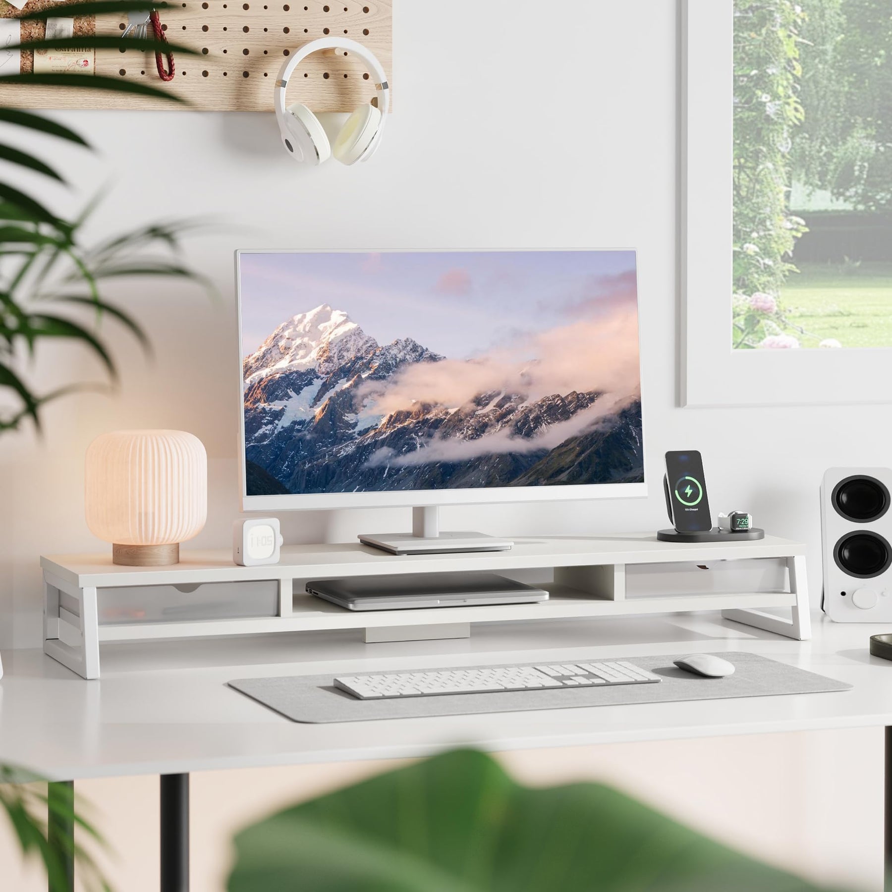 Dual Monitor Stand with Drawers 42.5 Inch - White - 2 Tier Wooden Desk Riser, 3 Compartments, 2 Frosted Acrylic Drawers