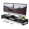 Dual Monitor Stand with Drawers 42.5 Inch - Black - 2 Tier Wooden Desk Riser, 3 Compartments, 2 Frosted Acrylic Drawers