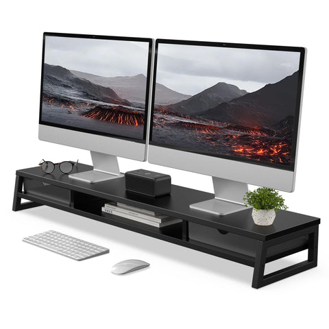 Dual Monitor Stand with Drawers 42.5 Inch - Black - 2 Tier Wooden Desk Riser, 3 Compartments, 2 Frosted Acrylic Drawers