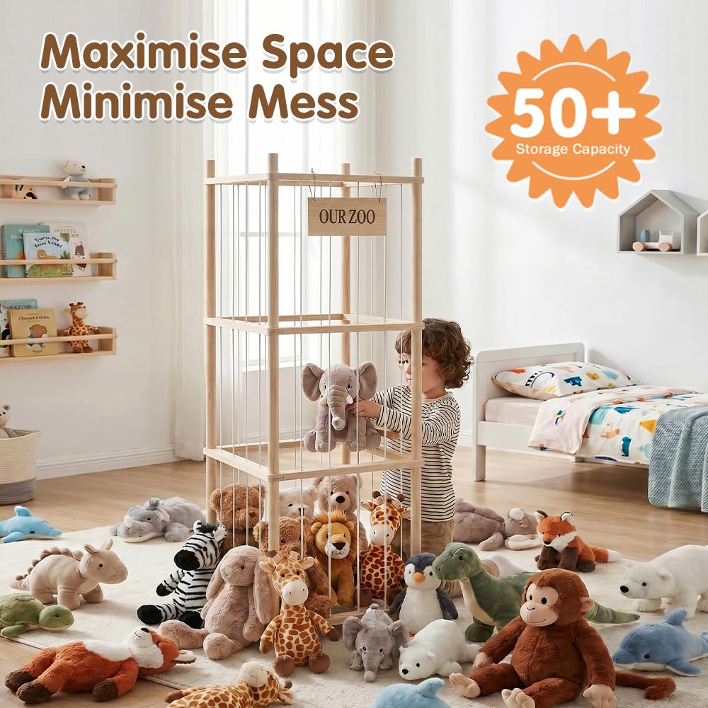Soft Toy Storage Tower 3-Tier - Natural Wood 136cm - Holds 50+ Plush Toys, Elastic Bar Shelves