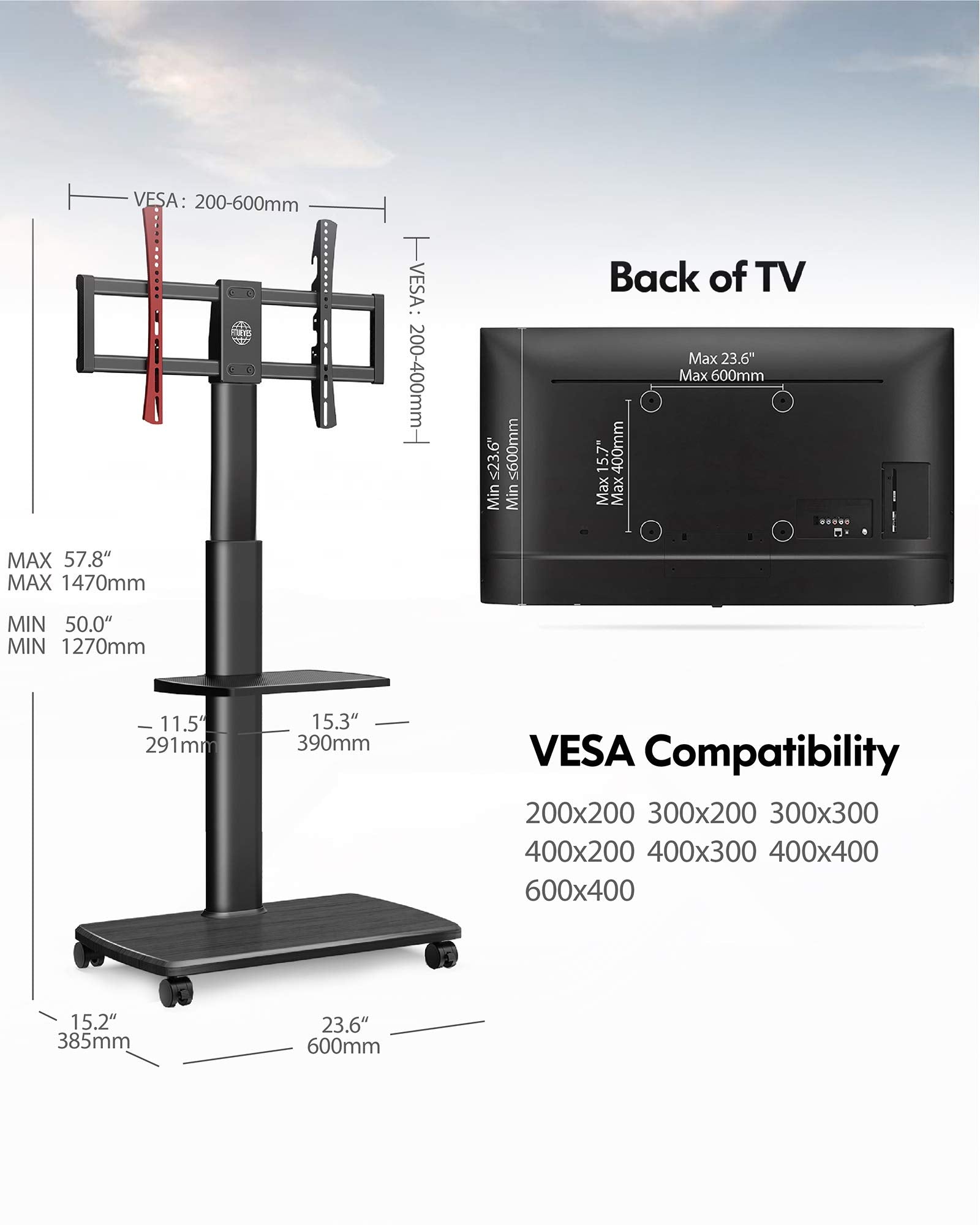 Universal Rolling TV Cart for 32-70 Inch TVs - Black - 2 Shelf Trolley, Height Adjustable, Swivel, Max VESA 600x400
