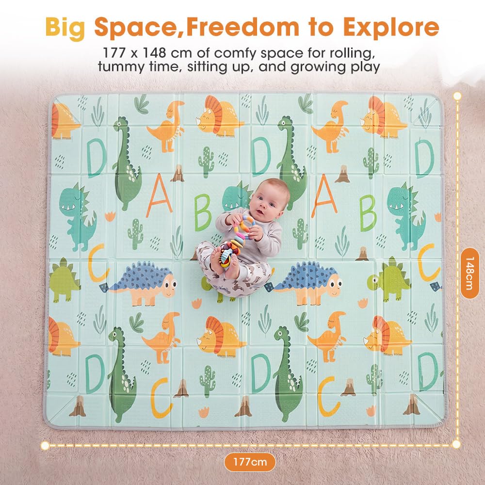 Baby Play Mat with Fold-Up Sides - Dinosaur Land - 24 Ball Pit Balls, XPE Foam, Carry Bag