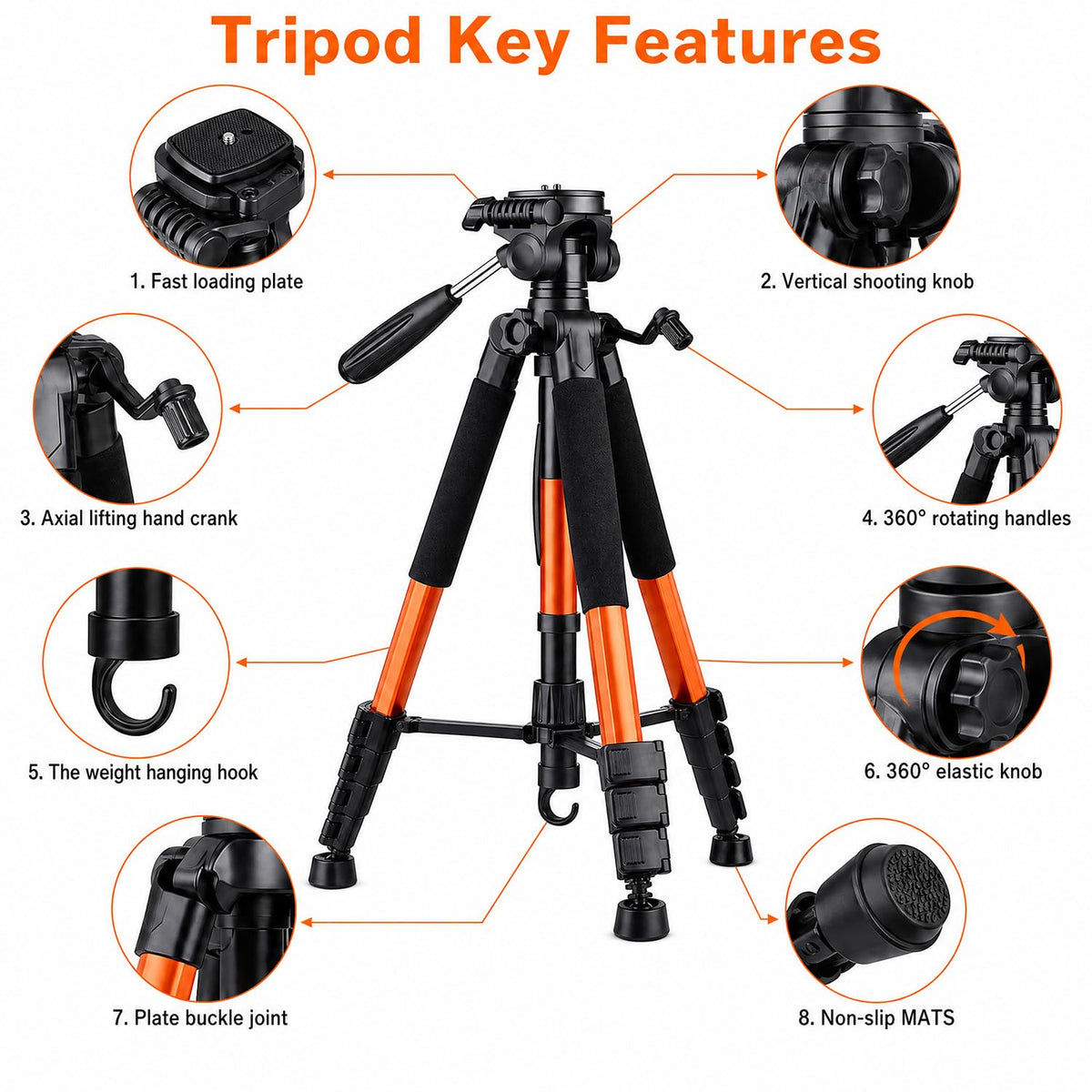 Aluminium Camera Tripod 188cm - Dual Mount, Orange