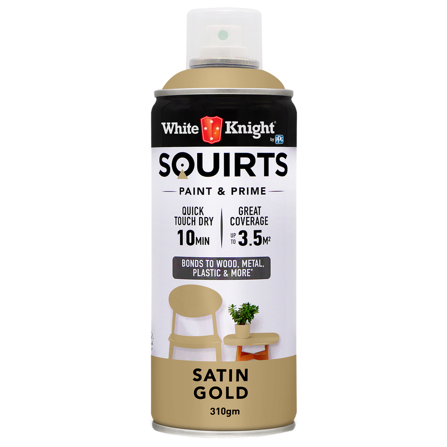 White Knight Squirts Gold Satin Spray Paint 310g Solvent Based Durable - SuperSaverAU - view 1