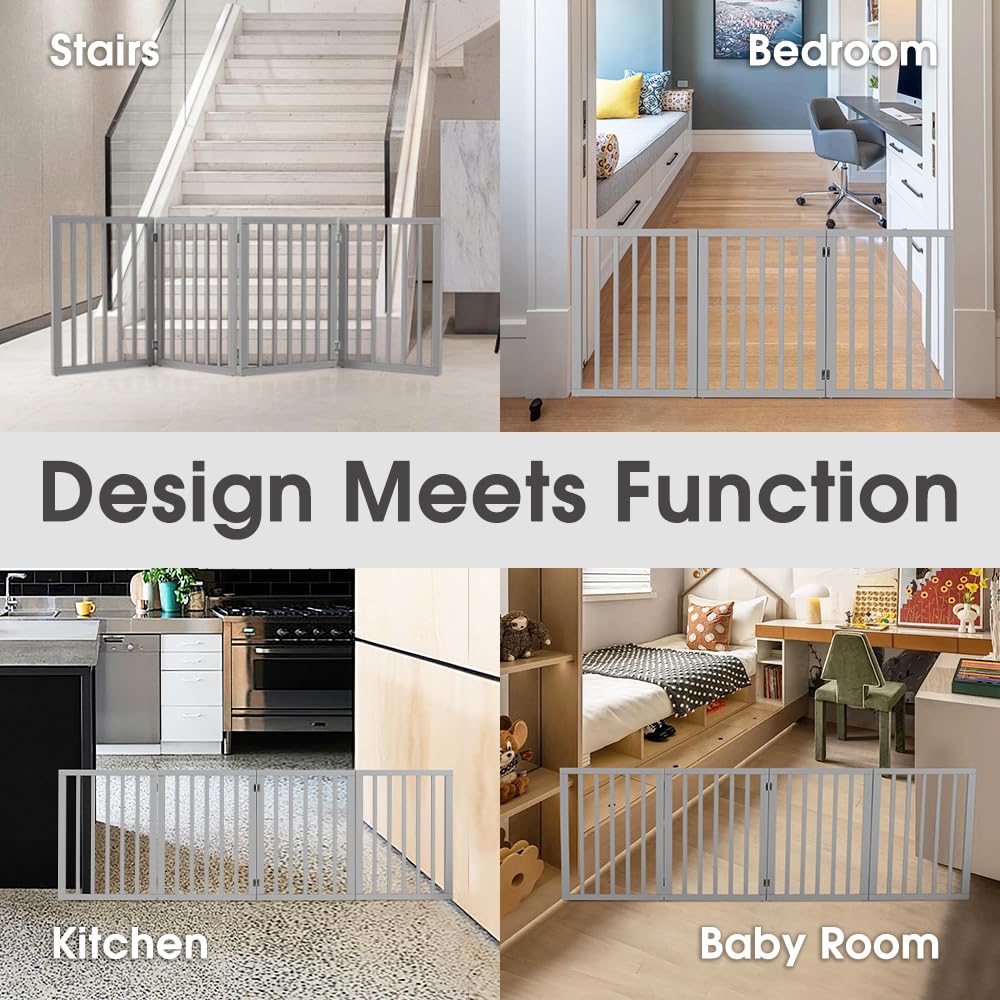 Foldable Dog Gate 4 Panel - Grey, 188 x 61cm - No Drill Freestanding, 180 Degree Hinges, MDF and Stainless Steel