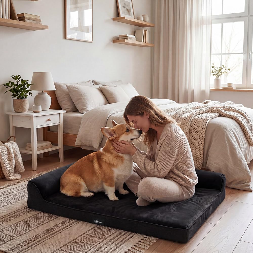 Dog Bed with L Shaped Bolsters - Black, Large 90 x 64 x 15cm - Velvet, Washable Cover, Non Slip Base