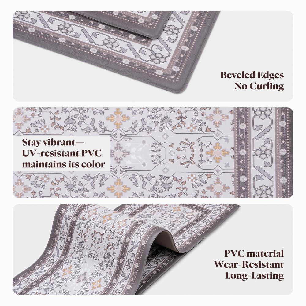 Kitchen Rug and Mat Set 2 Piece - Brown - 45 x 151cm and 45 x 74cm, Textured Anti Slip PVC, Wipe Clean
