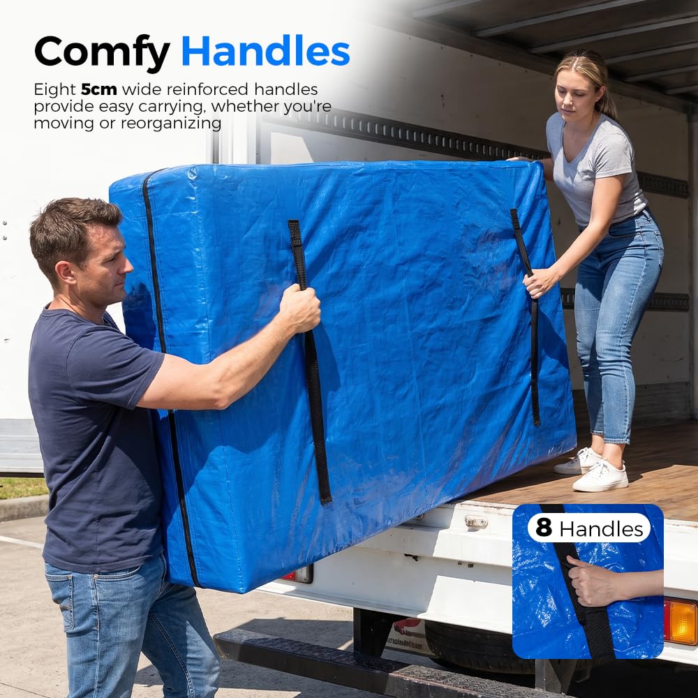 Mattress Bag for Moving and Storage - Single - 120gsm PE Tarp, 8 Heavy Duty Handles, Zip on Three Sides, Water Resistant