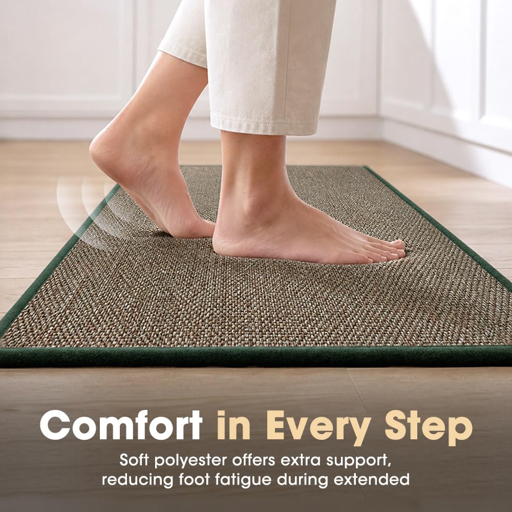 Kitchen Rug and Mat Set 2 Piece - Green - 45 x 150cm and 45 x 75cm, Anti Slip Rubber Backing, Polyester, 3.4mm