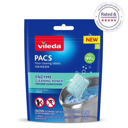 Vileda Pacs Spring Fresh Floor Cleaning Tablets 10 Pack - 10 Tablets - 97% Natural Ingredients - Enzymatic Cleaning Power