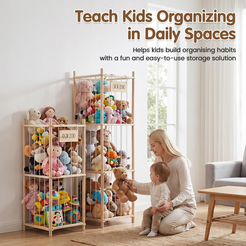 Soft Toy Storage Tower 2-Tier - Natural Wood 94.5cm - Holds 30+ Plush Toys, Elastic Bar Shelves