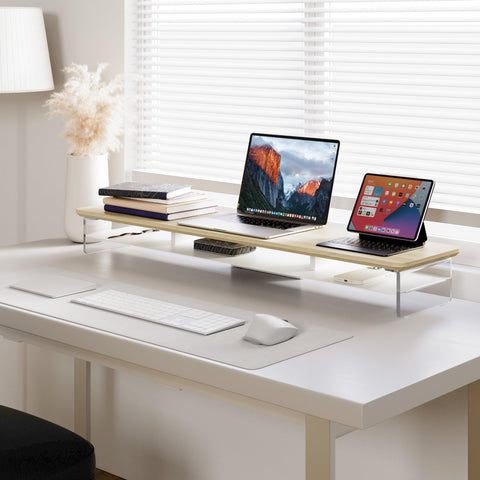 Acrylic Dual Monitor Riser 42.5 Inch - Oak - 2 Tier Desk Shelf, 18mm Board with Steel Core