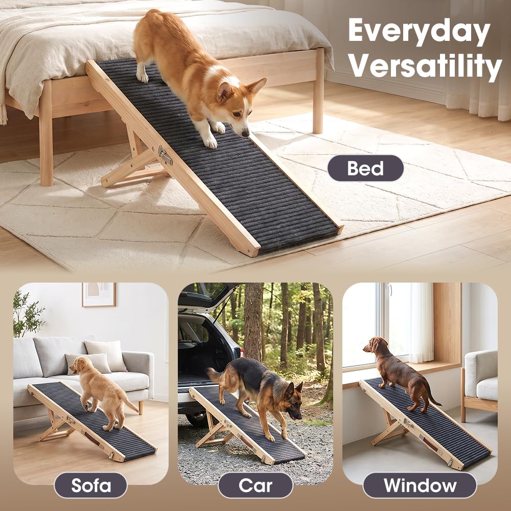 Folding Wooden Dog Ramp - Pine, Adjusts 24.5 to 49.5cm - Self Supporting, Anti Slip Fabric, Folds in Half