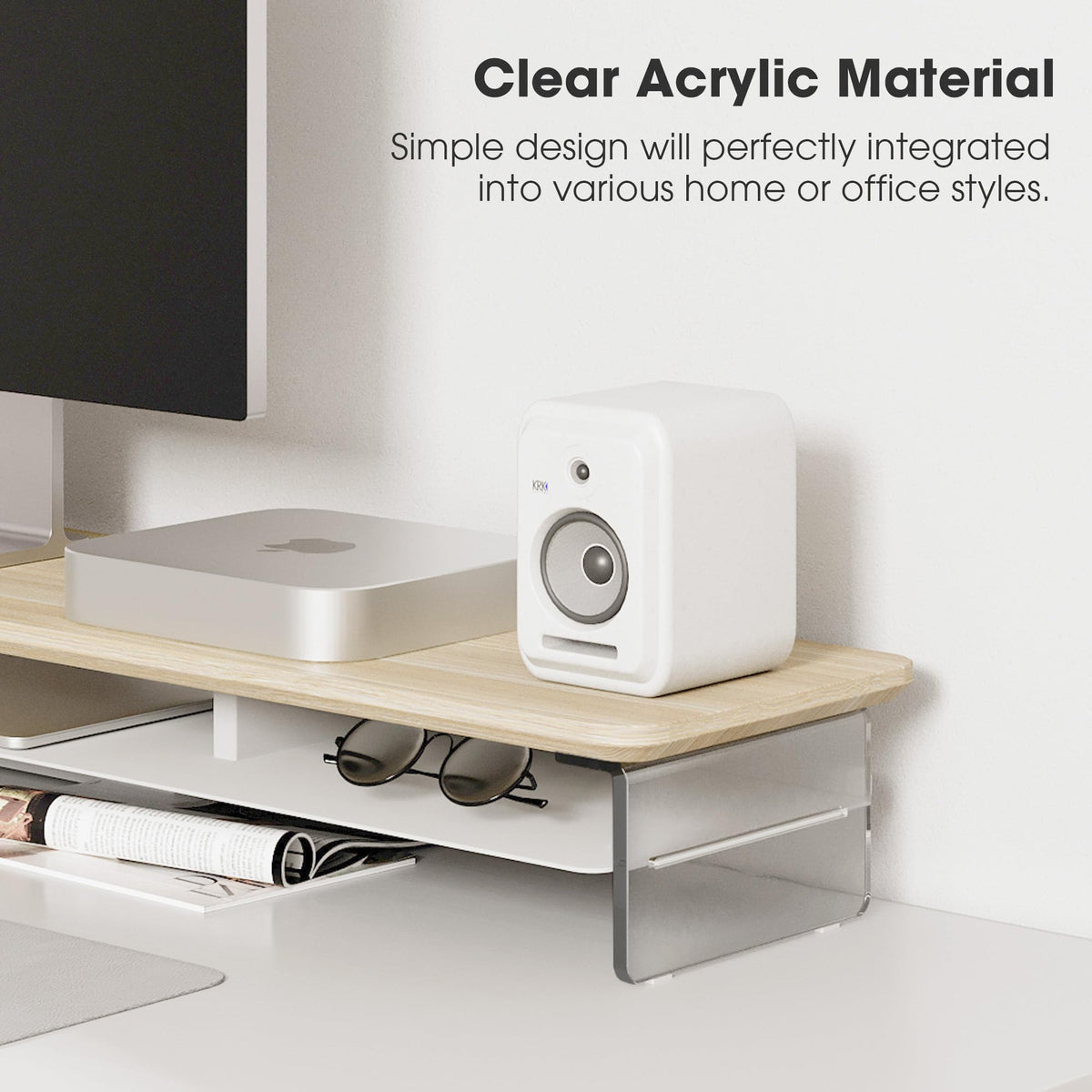 Acrylic Dual Monitor Riser 42.5 Inch - Oak - 2 Tier Desk Shelf, 18mm Board with Steel Core