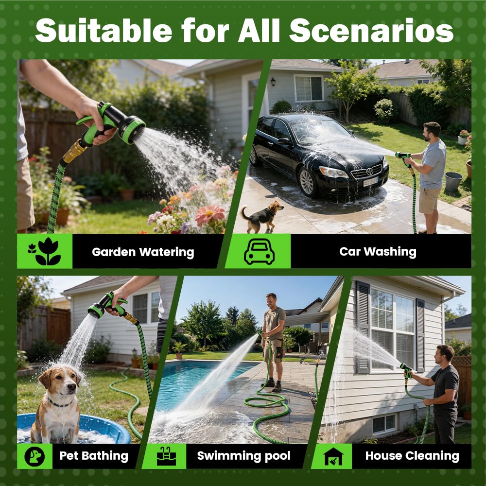 Expandable Garden Hose 50FT - Green - Stretches to 3x Length, 10 Function Nozzle plus Mist Nozzle, 1/2 and 3/4 BSP