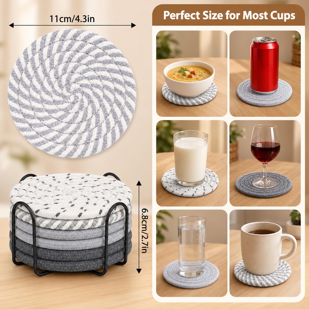 Cotton-Linen Coasters 11cm with Metal Holder - 8 Pack, Grey