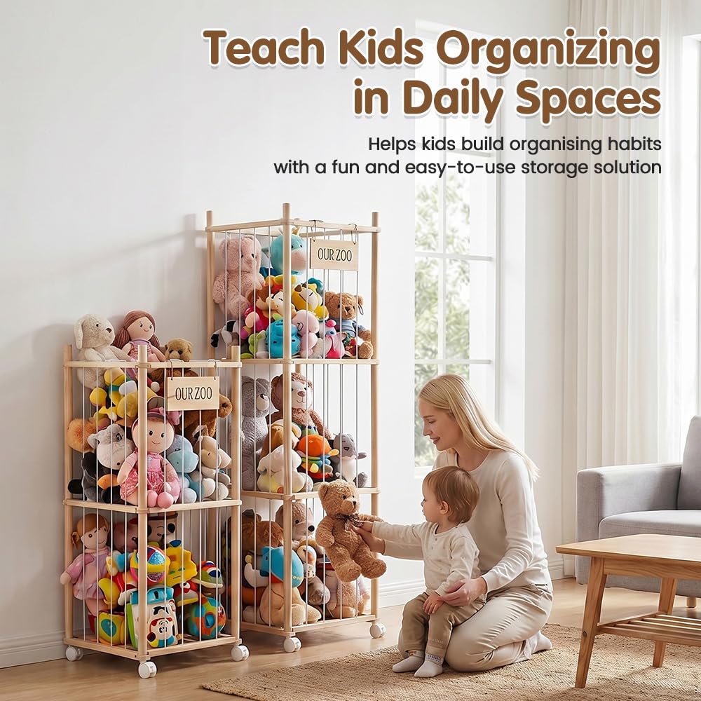 Soft Toy Storage Tower 2-Tier with Wheels - Natural Wood 94.5cm - Holds 30+ Plush Toys, Rolls Away