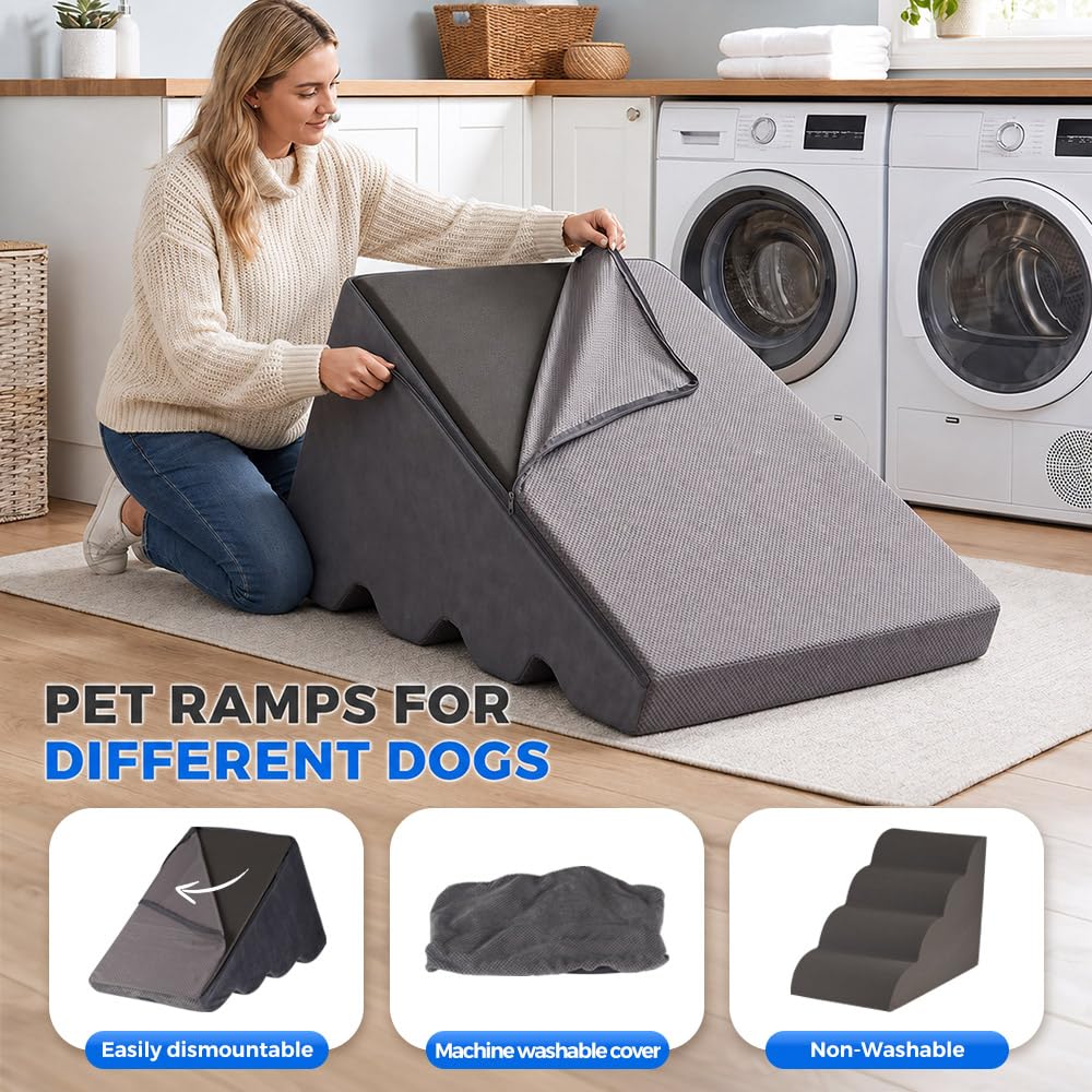 4 Step Dog Ramp 50cm High - Grey - High Density Foam Steps, Non Slip Corduroy Cover, Machine Washable