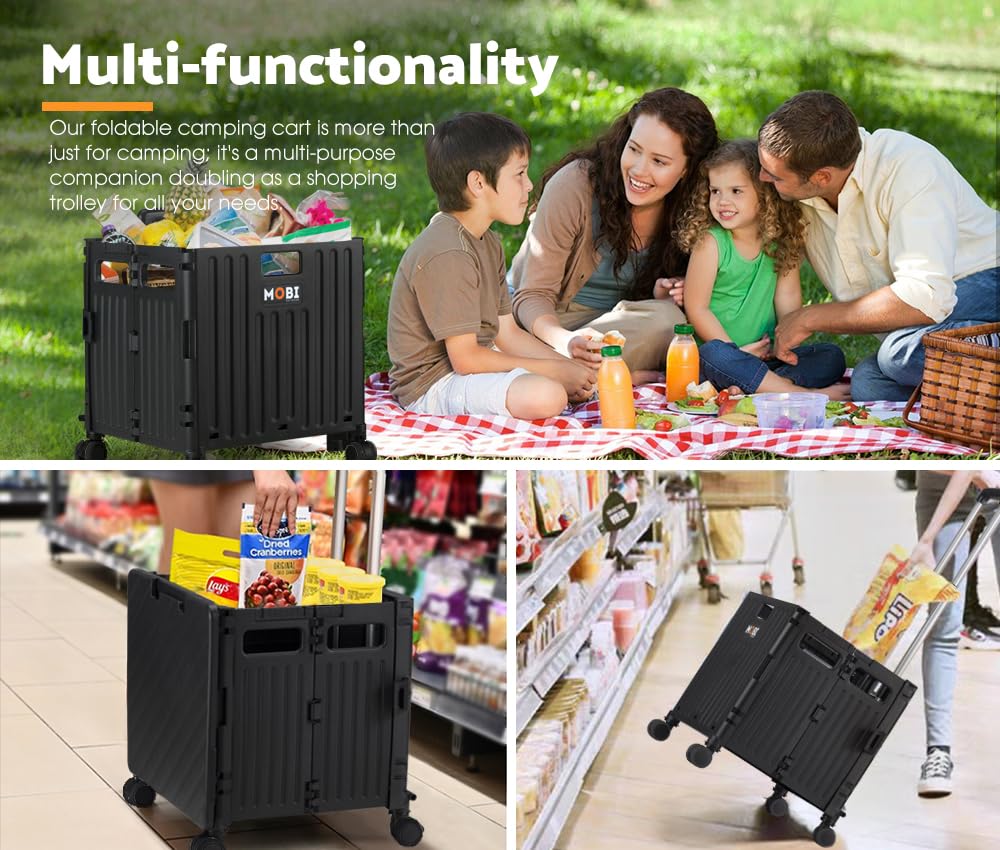 Foldable Camping and Shopping Trolley Cart - Black - 70kg Capacity, 360 Degree Locking Wheels, Telescopic Handle, Canopy
