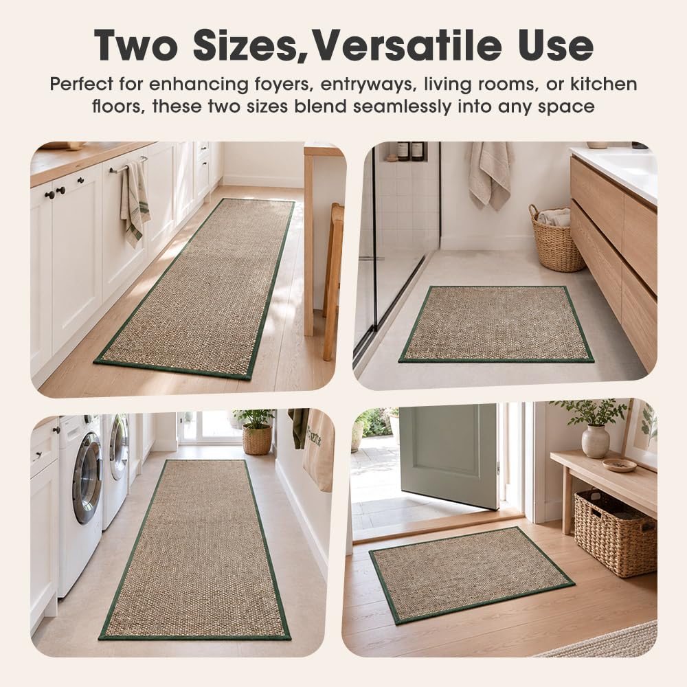 Kitchen Rug and Mat Set 2 Piece - Green - 45 x 150cm and 45 x 75cm, Anti Slip Rubber Backing, Polyester, 3.4mm