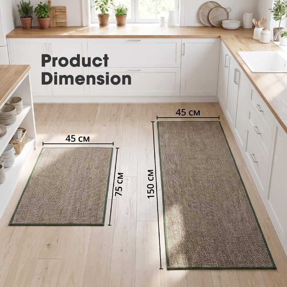 Kitchen Rug and Mat Set 2 Piece - Green - 45 x 150cm and 45 x 75cm, Anti Slip Rubber Backing, Polyester, 3.4mm