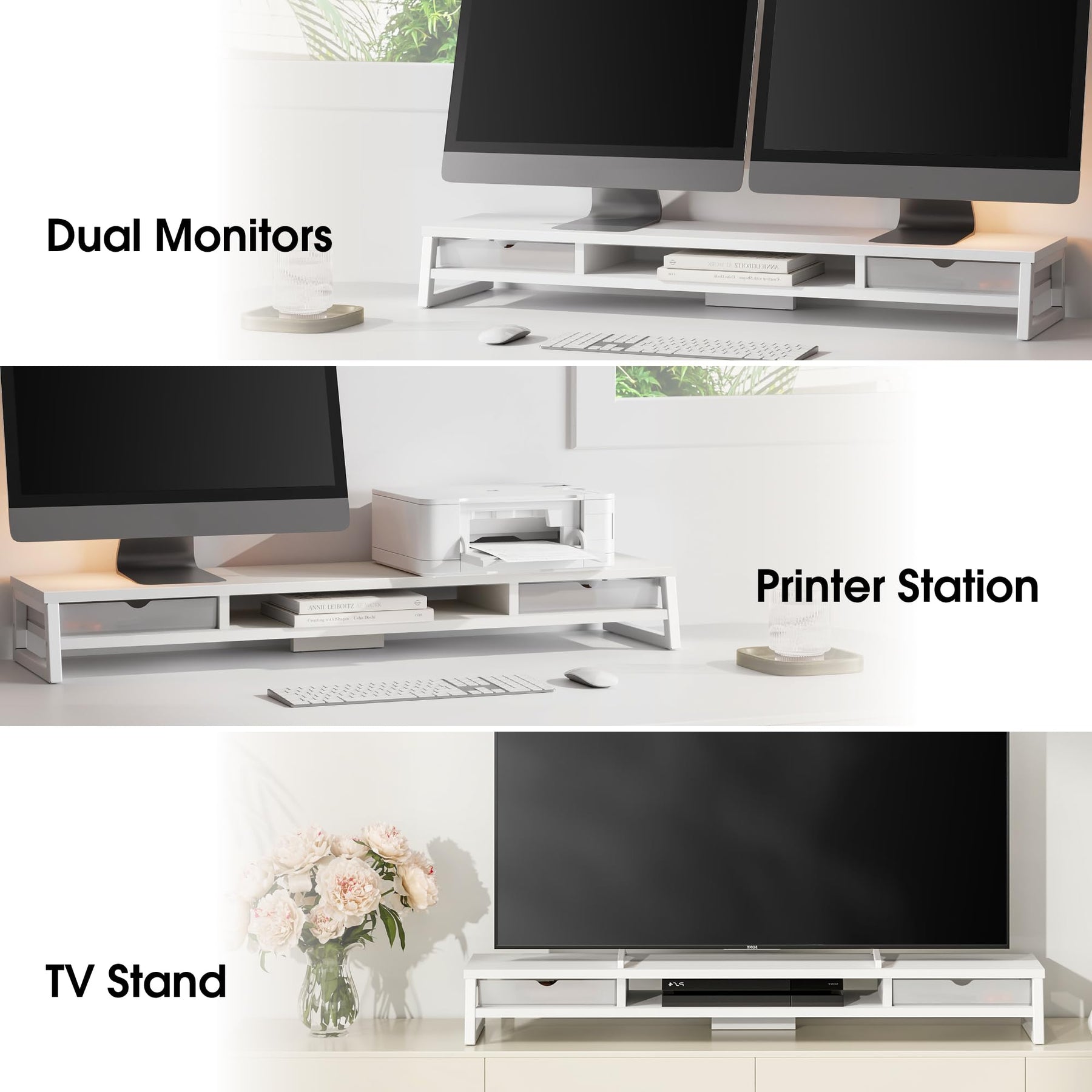 Dual Monitor Stand with Drawers 42.5 Inch - White - 2 Tier Wooden Desk Riser, 3 Compartments, 2 Frosted Acrylic Drawers
